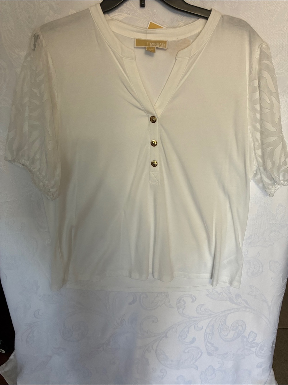 Michael Kors Cream Short-Sleeve Henley Blouse with Gold Buttons